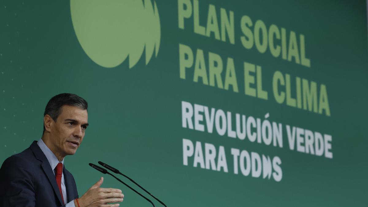 Pedro Sánchez este lunes durante la presentación del Plan Social para el Clima.