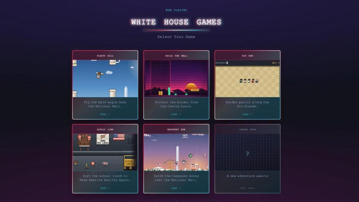 Entre los cinco juegos subidos hasta el momento a la plataforma destacan 'Construir el muro' --similar al Tetris y que tiene como objetivo "proteger la frontera de la horda que llega".