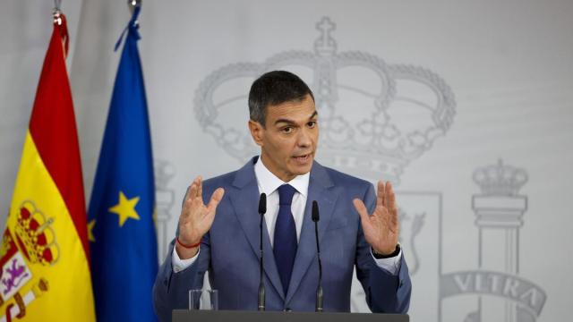 El presidente Sánchez, durante su comparecencia en el Palacio de la Moncloa.