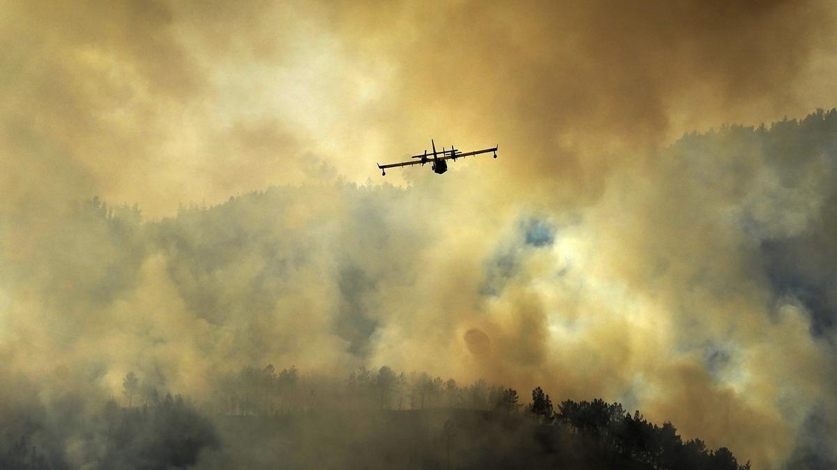 Un hidroavión realiza tareas de extinción en el incendio de Las Regueras (Asturias).