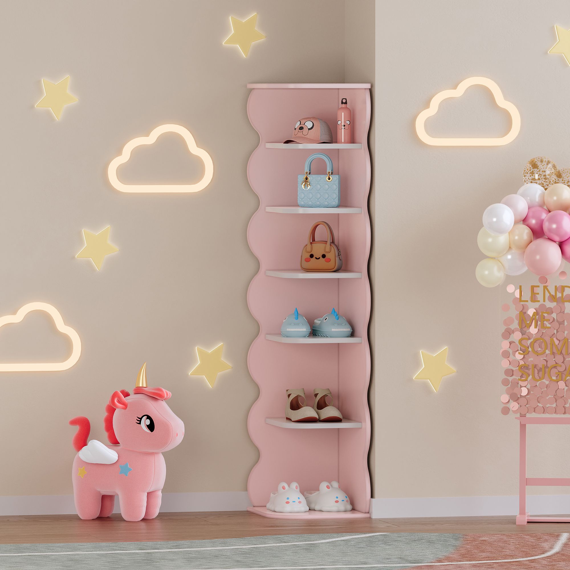 Estantería rosa con un diseño ondulado ideal para una habitación infantil.
