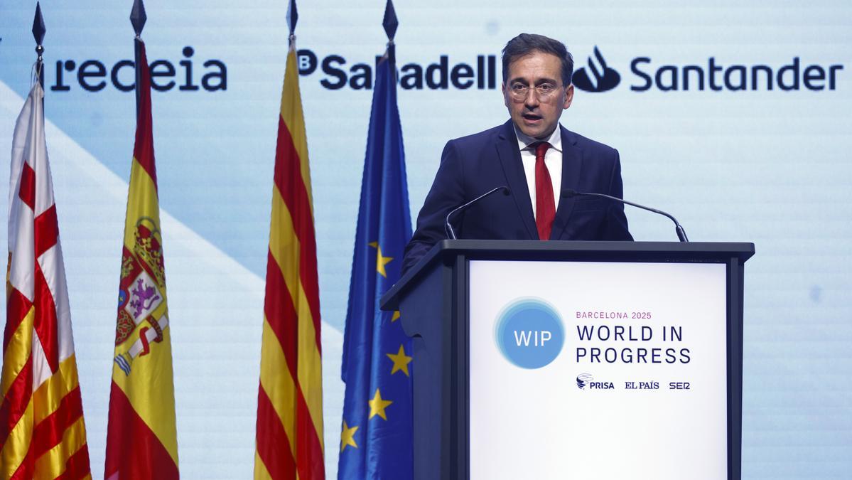 El ministro de Exteriores, José Manuel Albares, en el foro internacional ‘World in Progress’ en Barcelona.