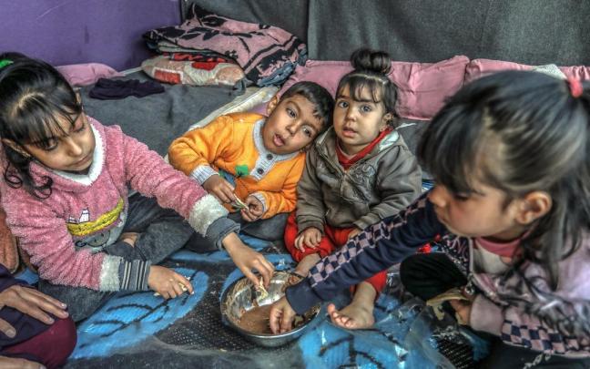 Un grupo de niños intentan comer algo en un campo de refugiados en Rafah.