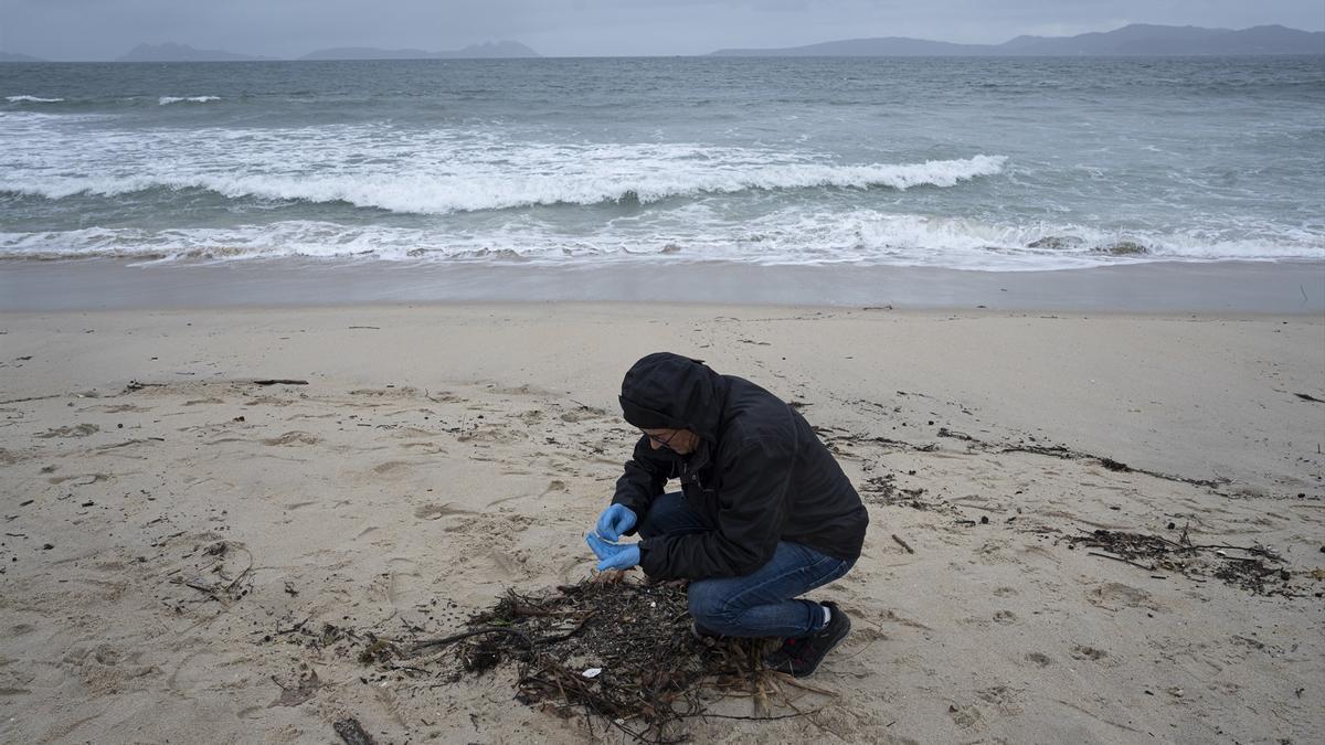 Un voluntario recoge pellets en una playa gallega.