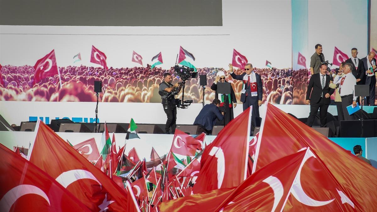 El presidente de Turquía, Recep Tayyip Erdogan, en una manifestación propalestina.