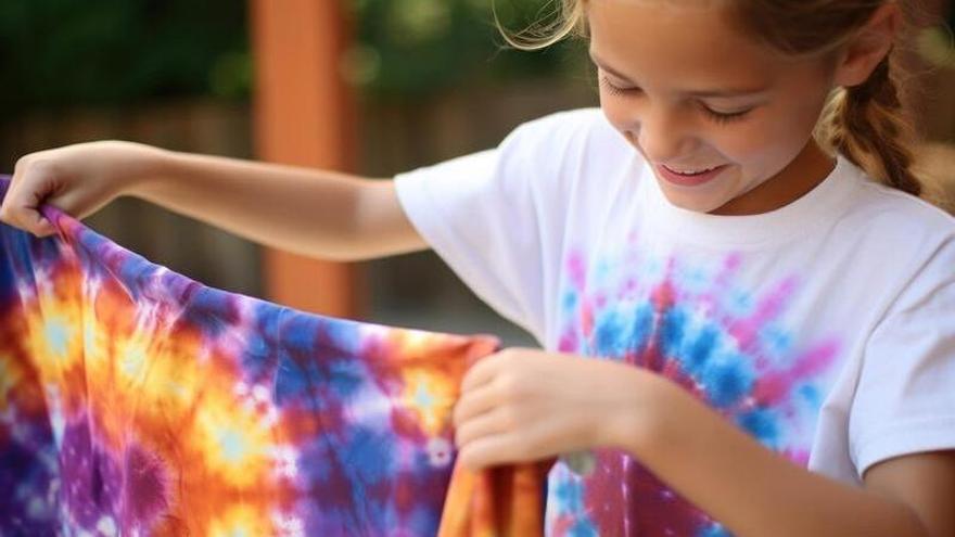 Niña tiñe una camiseta en casa