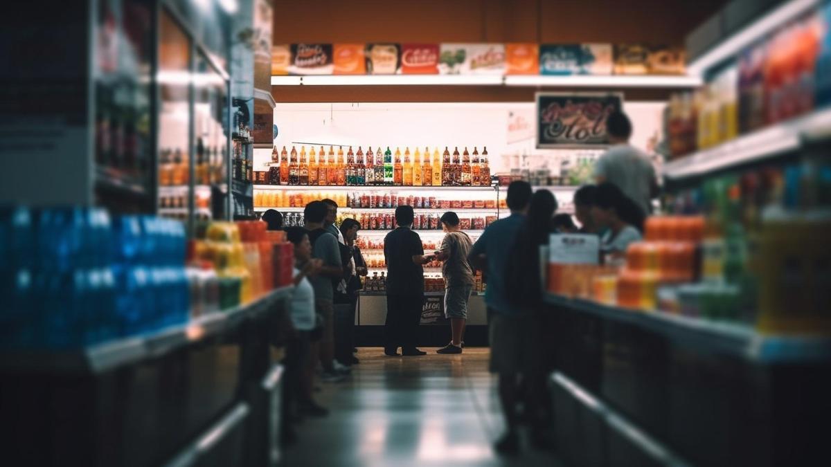 Varias personas realizan la compra en la tienda de una gasolinera.