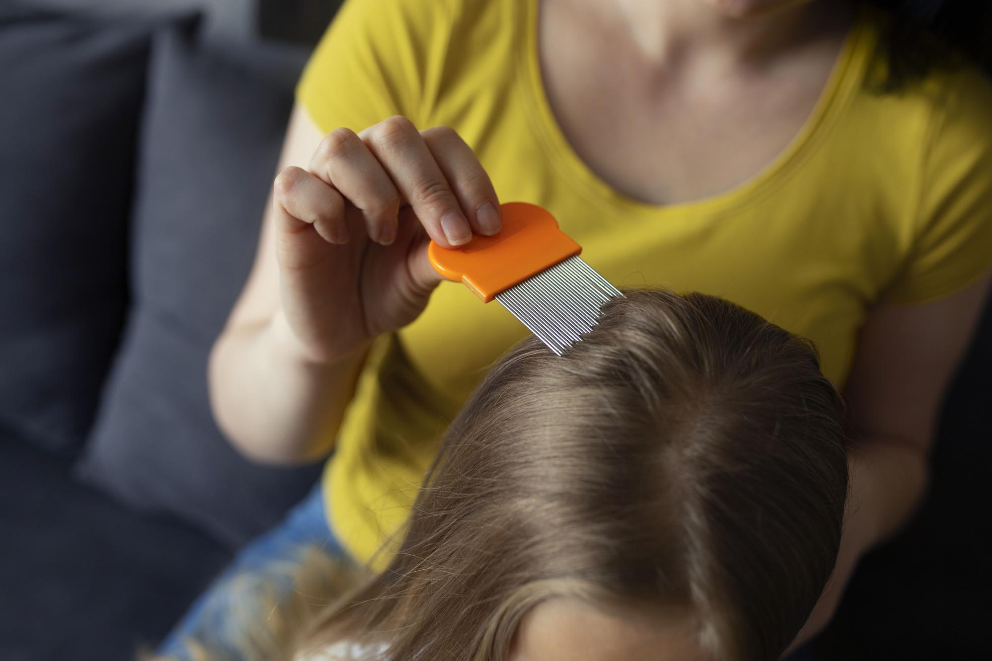 Madre pasa un peine específico para los piojos y liendres a su hija desde la raíz hasta las puntas.