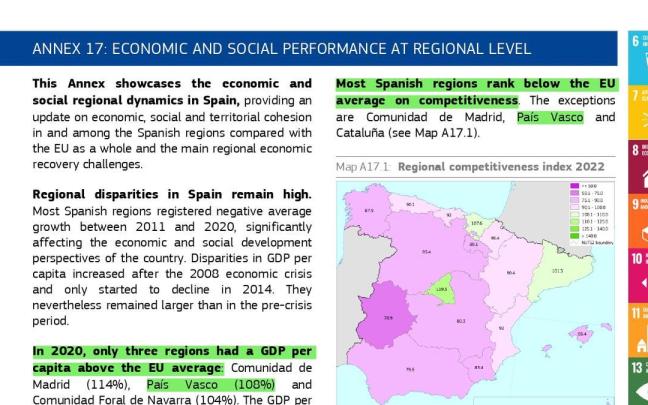 Una de las páginas del informe de la Comisión Europea que hace referencia a la CAV.