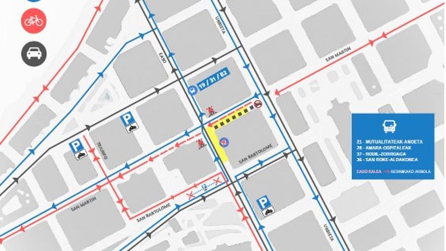 Plano de los cambios derivación de la obra del Topo y nuevas paradas de autobuses.
