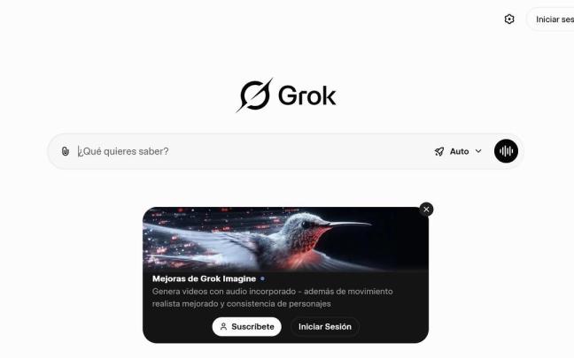 Pantalla de inicio de Grok, la IA asociada a X.