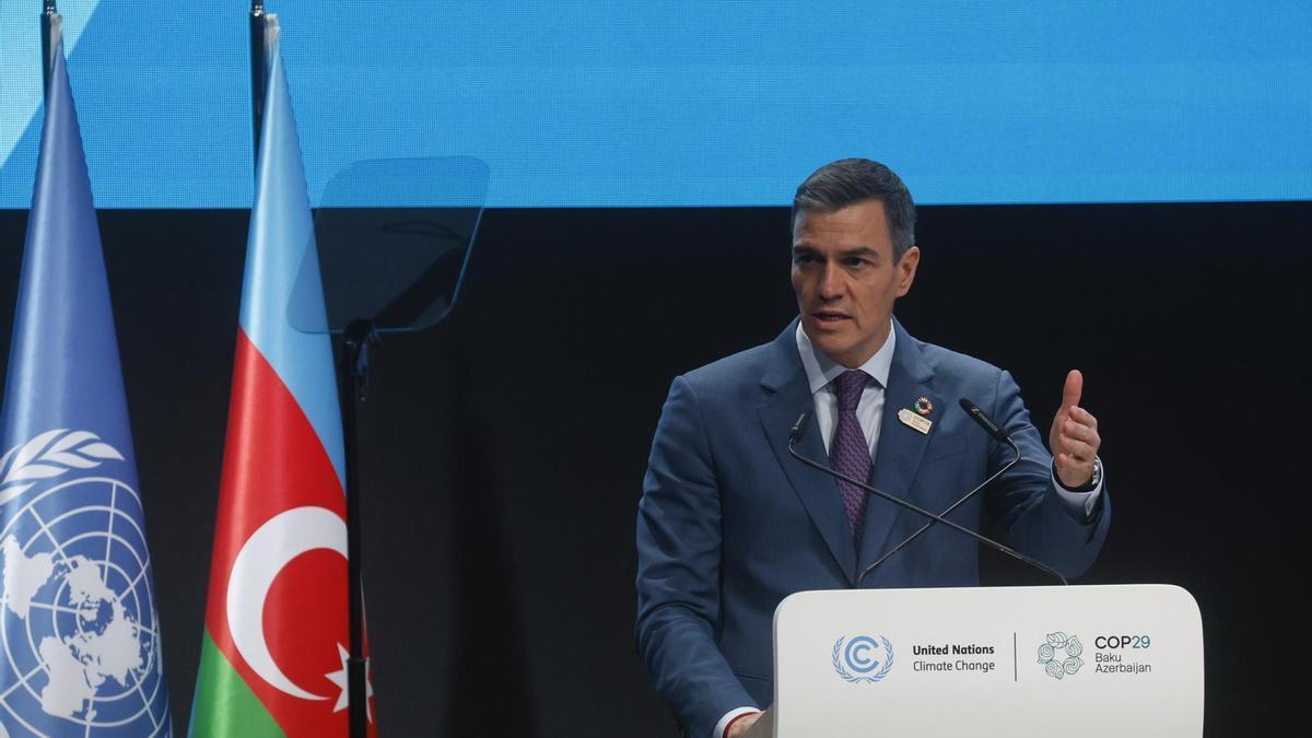 El presidente del Gobierno español, Pedro Sánchez, durante su discurso en la COP29 en Bakú, Azerbaiyán.