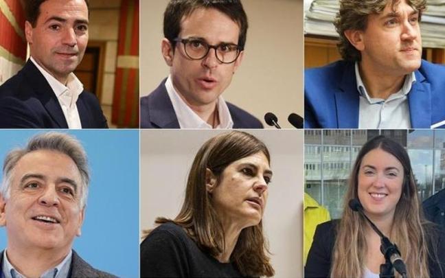 De Izq. a dcha.: Imanol Pradales (PNV), Pello Otxandiano (EH Bildu), Eneko Andueza (PSE), Javier de Andrés (PP), Miren Gorrotxategi (Elkarrekin) y Alba García (Sumar Mugimendua).