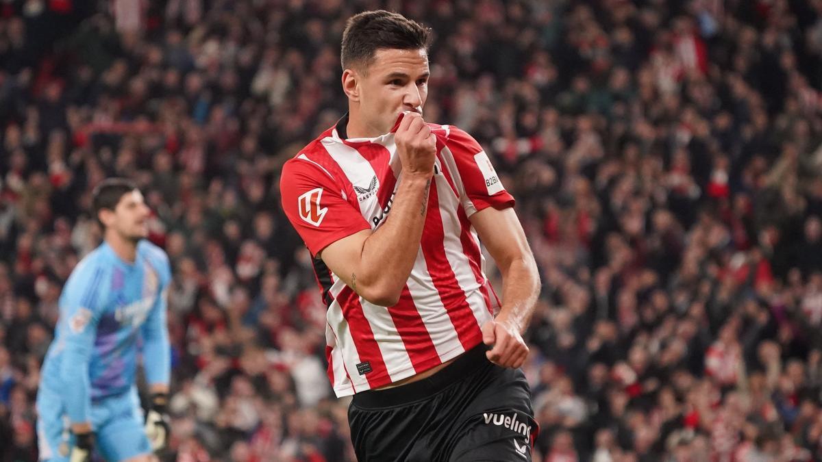 Gorka Guruzeta en imagen celebrando su gol frente al Real Madrid. Foto: BORJA GUERRERO