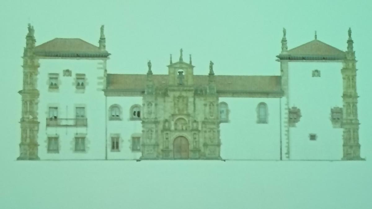 La imagen muestra cómo quedará la fachada tras la restauración, que busca recuperar una imagen más fiel a la original. Esta intervención permitirá poner en valor los elementos escultóricos y de cantería que articulan la monumental fachada plateresca