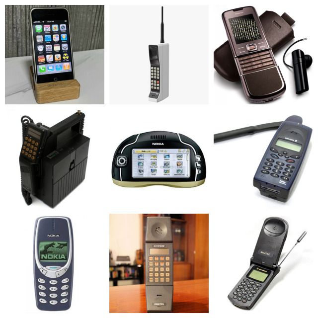 De izda a dcha y de arriba abajo: iPhone 1, Motorola 8000x, Nokia Sapphire 8880, Mobira Senator, Nokia 7700, Ericsson R290, Nokia 3310, Orbitel Citiphone y Motorola StarTac.