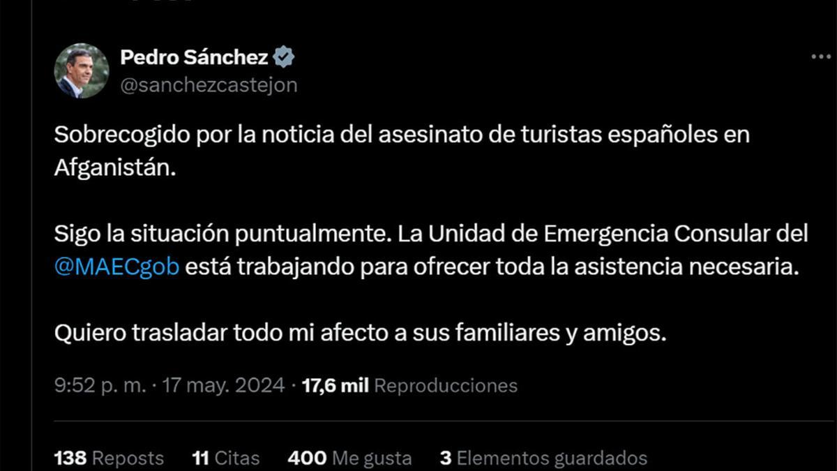 Sánchez confirma españoles muertos en un atentado en Afganistán