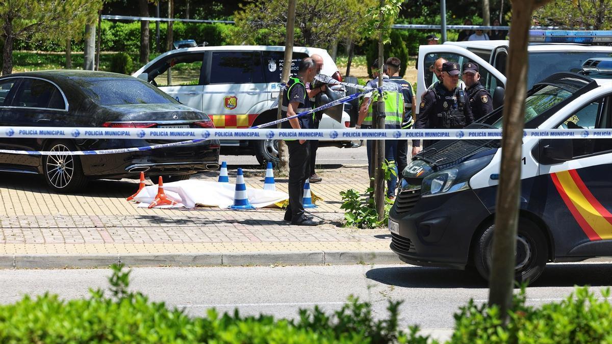 Agentes de la Policía Nacional en el lugar donde fue tiroteado el expolítico ucraniano Andriy Portnov, en Pozuelo de Alarcón (Madrid).