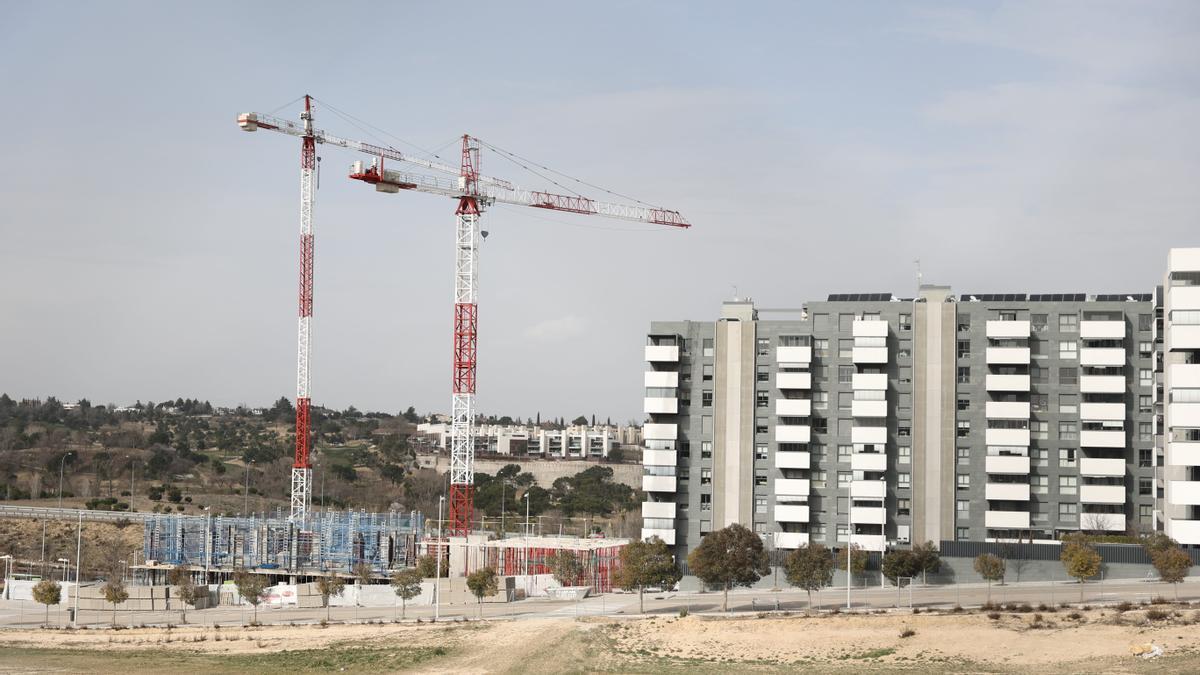Dos grúas en un edificio en obras.