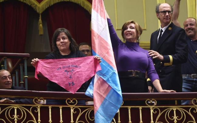 La presidenta de Euforia Familias Trans-Aliadas, Natalia Aventín (i), y la presidenta de la Federación Plataforma Trans, Mar Cambrollé (2i), en el Congreso de los Diputados