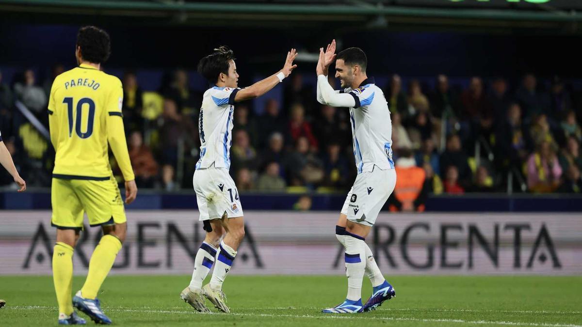 Kubo y Merino celebran uno de los goles en el 0-3 de la primera vuelta ante el Villarreal