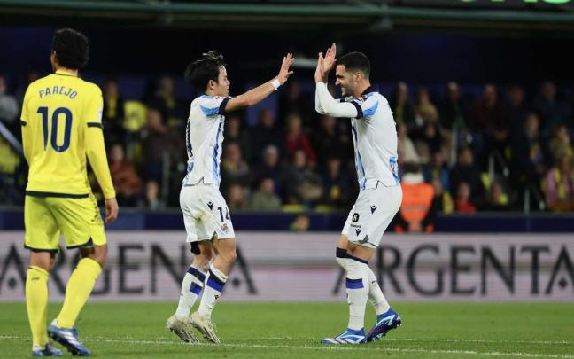 Kubo y Merino celebran uno de los goles en el 0-3 de la primera vuelta ante el Villarreal Kubo y Merino celebran uno de los goles en el 0-3 de la primera vuelta ante el Villarreal