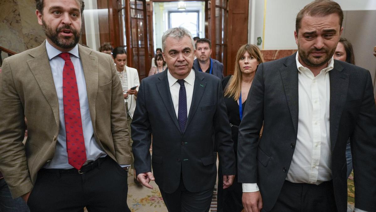El diputado socialista Santos Cerdán (c) llega al Congreso este jueves.