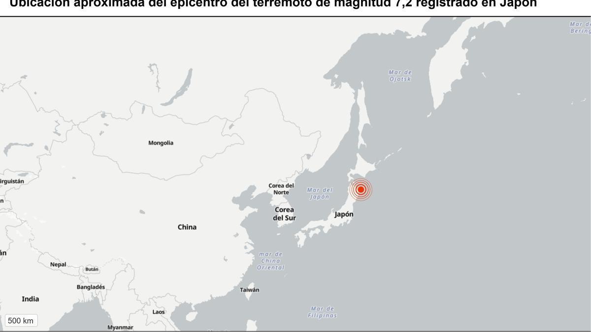 Ubicación aproximada del epicentro del terremoto de magnitud 7,2 registrado en Japón.