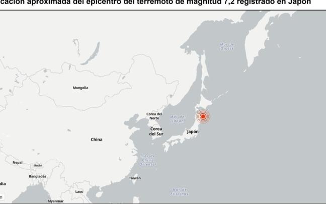 Ubicación aproximada del epicentro del terremoto de magnitud 7,2 registrado en Japón.