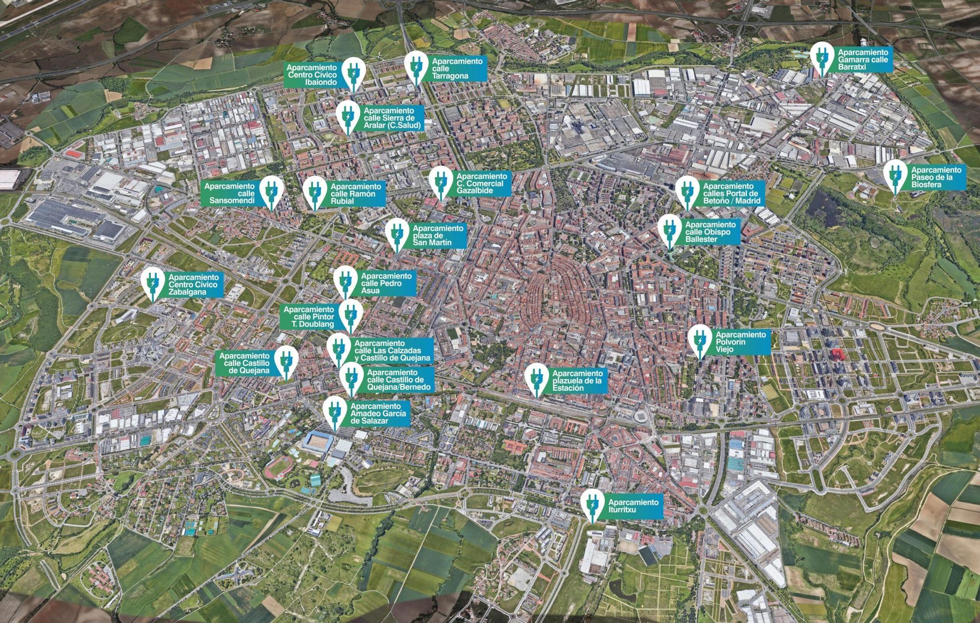 Mapa de Vitoria con los nuevos puntos de recarga