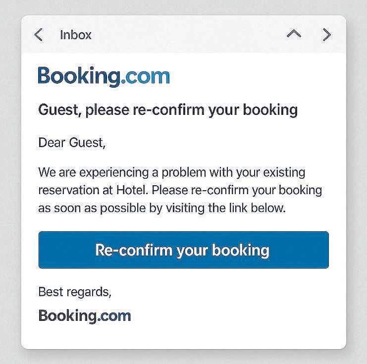 Un mail fraudulento de reserva hotelera elaborado con IA.
