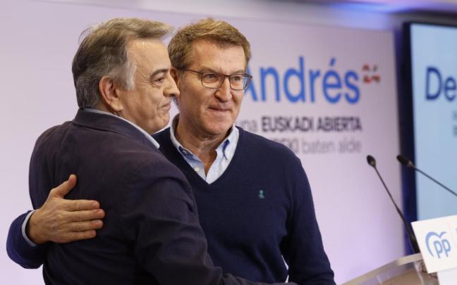 Alberto Núñez Feijóo ha respaldado a Javier de Andrés en su proclamación oficial como candidato del PP vasco a lehendakari. / EFE Alberto Núñez Feijóo ha respaldado a Javier de Andrés en su proclamación oficial como candidato del PP vasco a lehendakari.