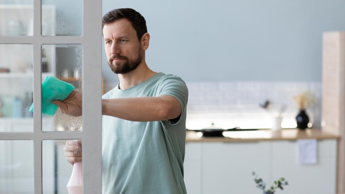 Un hombre limpia el cristal de una puerta con una bayeta.