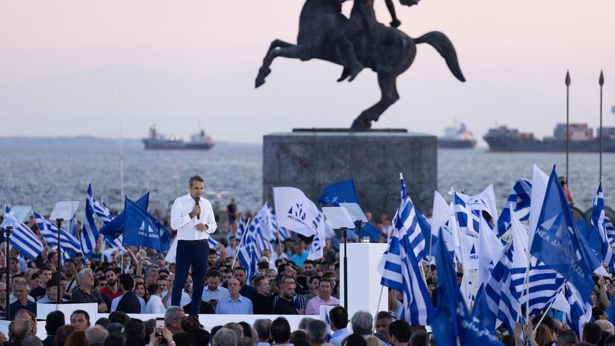 El líder de Nueva Democracia, Kyriakos Mitsotakis, durante un mitin el pasado miércoles.