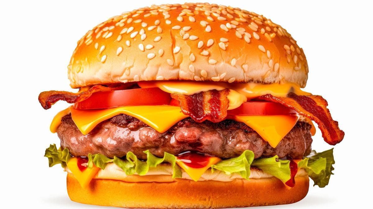 Una hamburguesa con queso, bacon, tomate y lechuga.