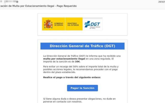 Estéticamente los timadores intentan imitar a la DGT con su logo y diseño, pero el remitente no es el oficial de la DGT.
