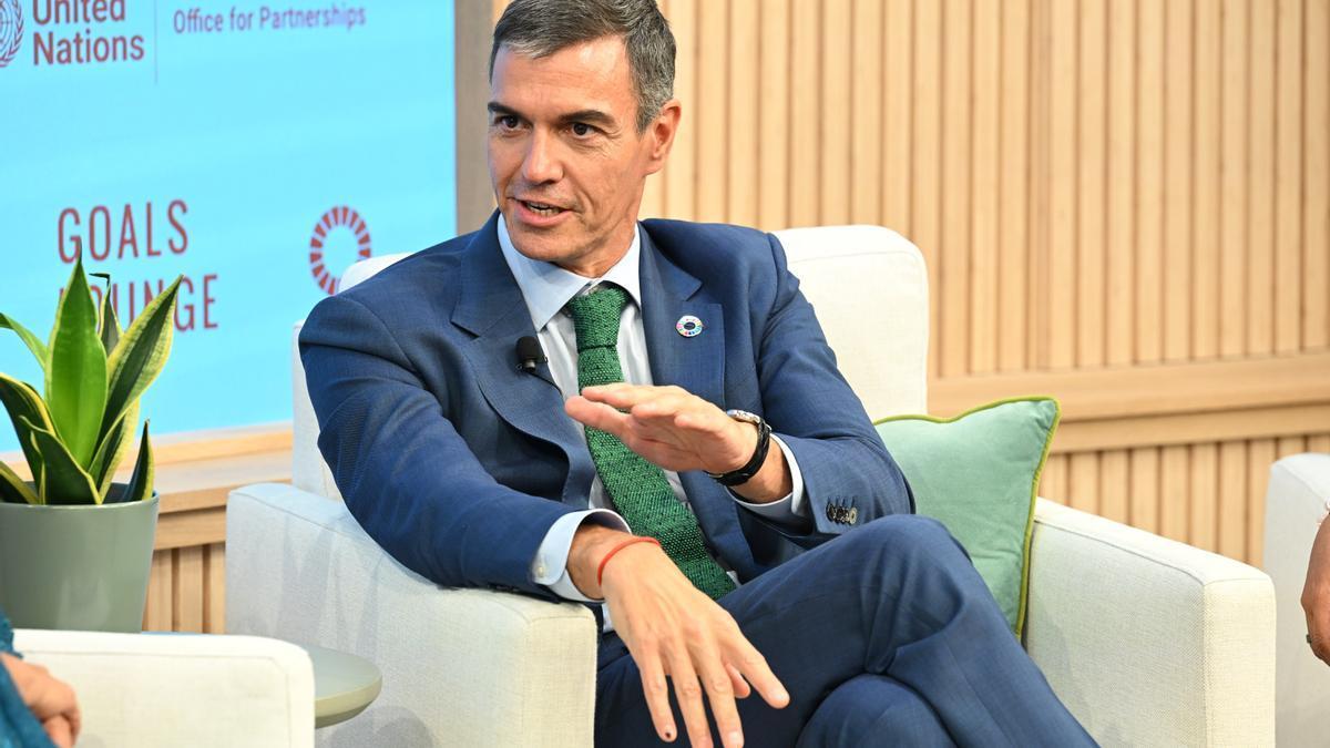 El presidente del Gobierno de España, Pedro Sánchez, en un encuentro acerca de los Objetivos de Desarrollo Sostenible (ODS) de la ONU.