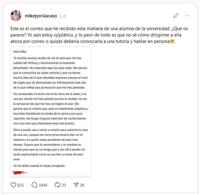 El post con la captura del email.