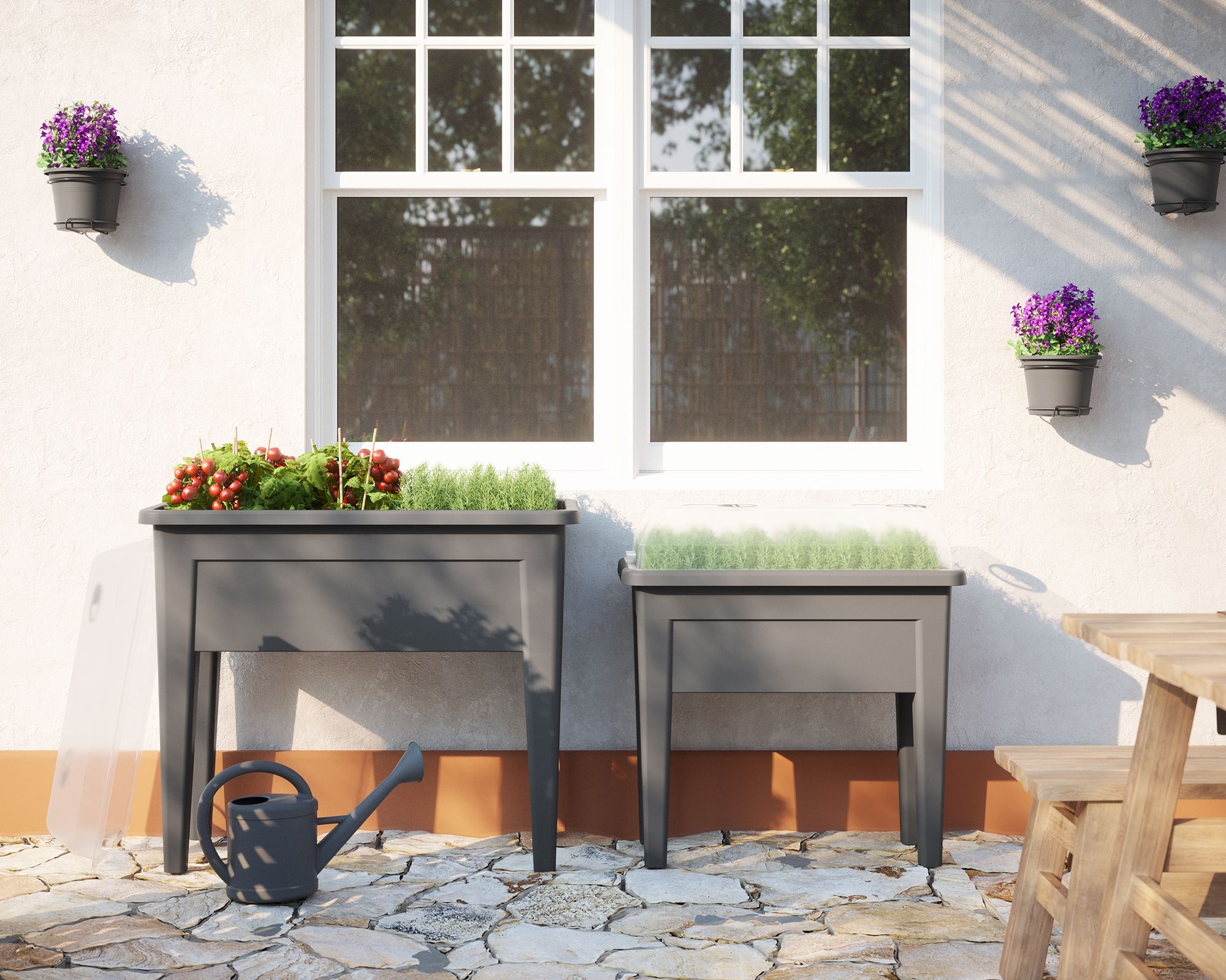 Pequeños bancales verticales para hacer un huerto urbano.