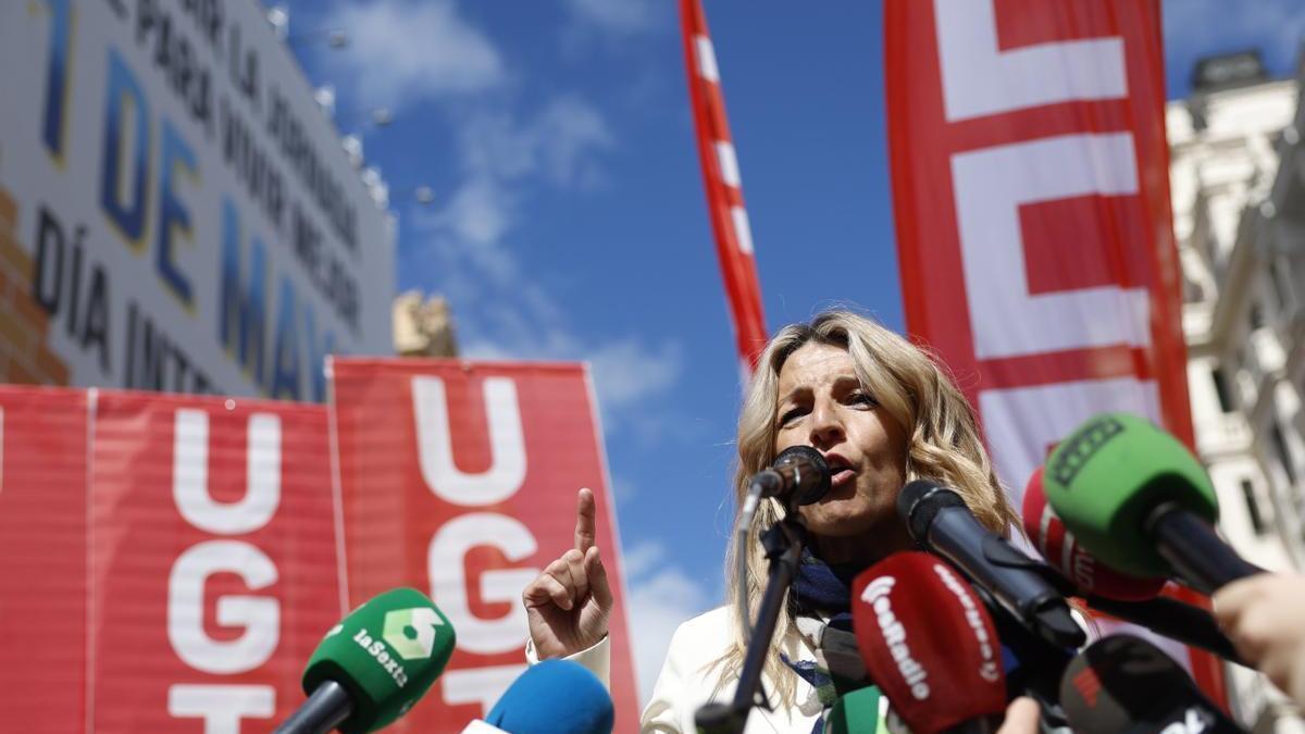 La vicepresidenta segunda y ministra de Trabajo, Yolanda Díaz, en la manifestación por el Primero de mayo en Madrid,