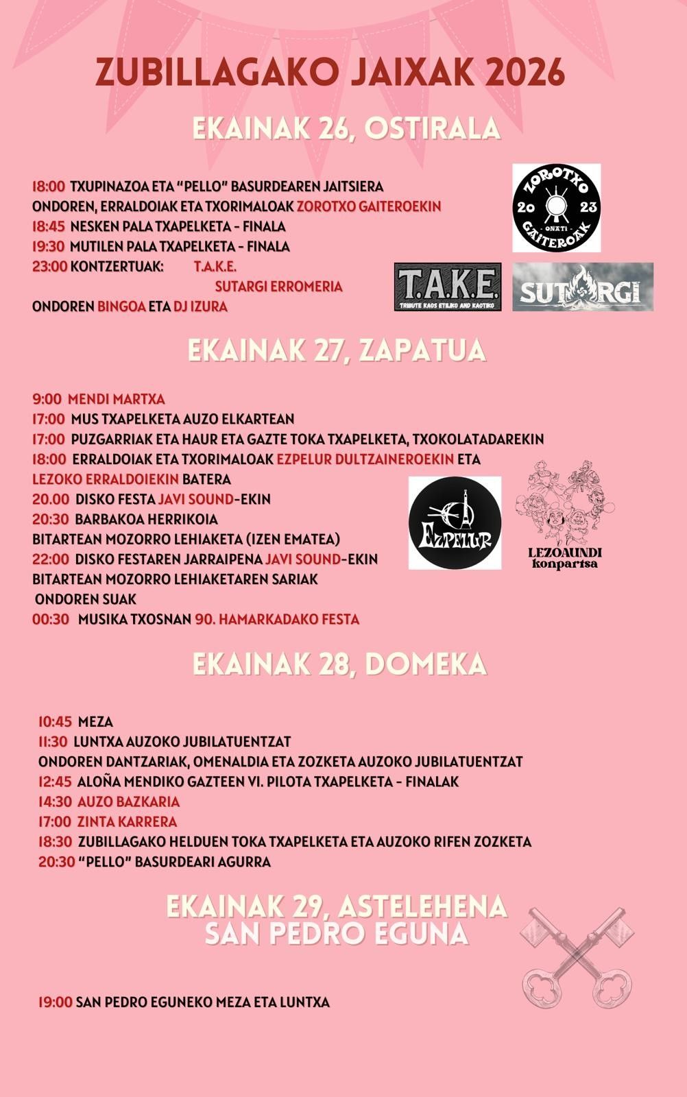 Programa completo de las fiestas de Zubillaga.