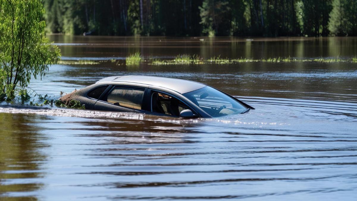Un coche, inundado casi completamente.
