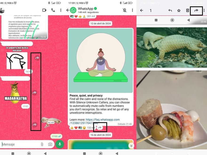 La doble flecha aparece para reenviar memes, (izquierda) o enlaces (centro) de forma rápida. A la derecha, el icono aparece en la parte superior de la pantalla para cuando se manda seleccionando primero elmensaje o la foto que se quiere mandar.