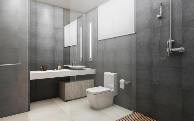 Moderno cuarto de baño decorado en madera y tonos grises y blancos. Moderno cuarto de baño decorado en madera y tonos grises y blancos.