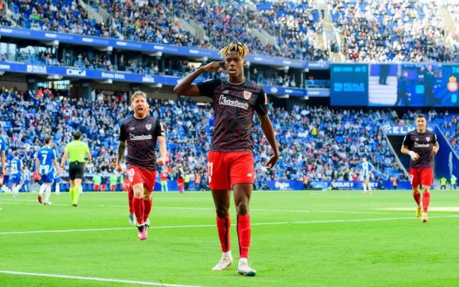 Nico Williams celebra su gol ante el Espanyol la pasada temporada Nico Williams celebra su gol ante el Espanyol.