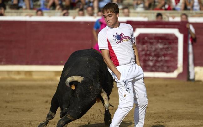 Los recortadores muestran un gran arrojo y un enorme control ante la embestida de los toros a la hora de hacer sus quiebros. / Unai Beroiz Los recortadores muestran un gran arrojo y un enorme control ante la embestida de los toros a la hora de hacer sus quiebros.