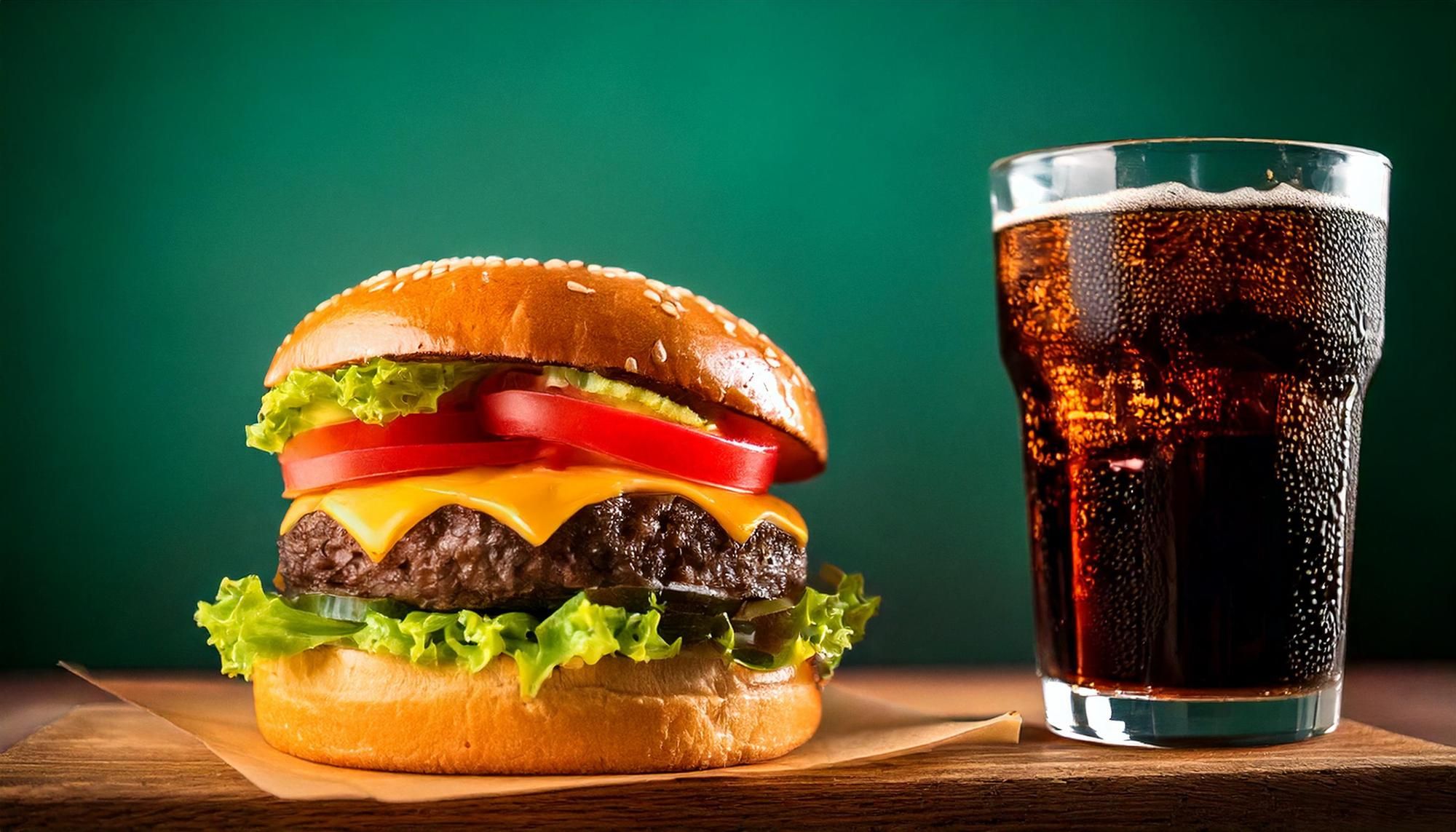 Una hamburguesa junto a un refresco de cola.