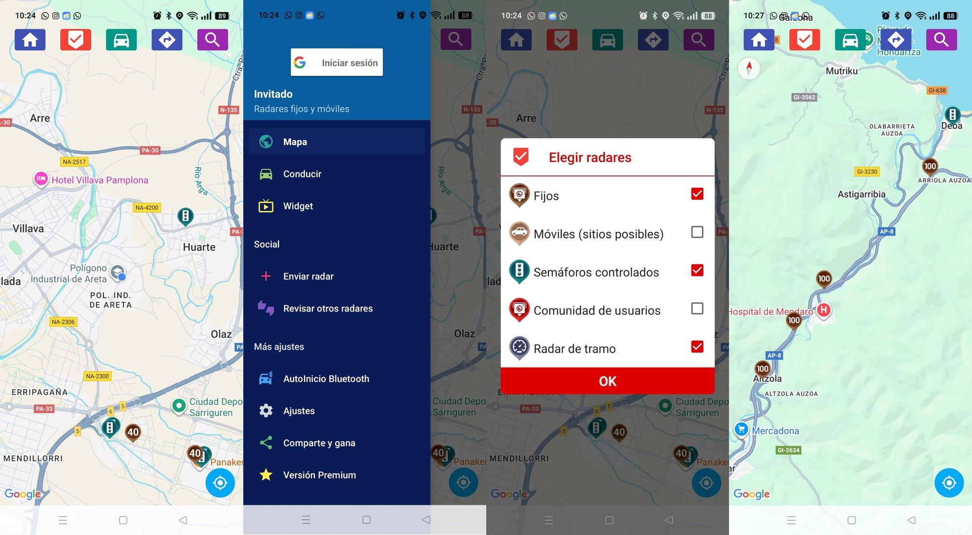 Combo de distintas pantallas del app avisadora de radares: Inicio, Configuración, Tipos de radares, Radares en la ruta.