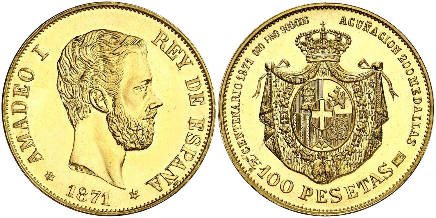 Moneda de 100 pesetas de 1871 con la imagen de Amadeo de Saboya.