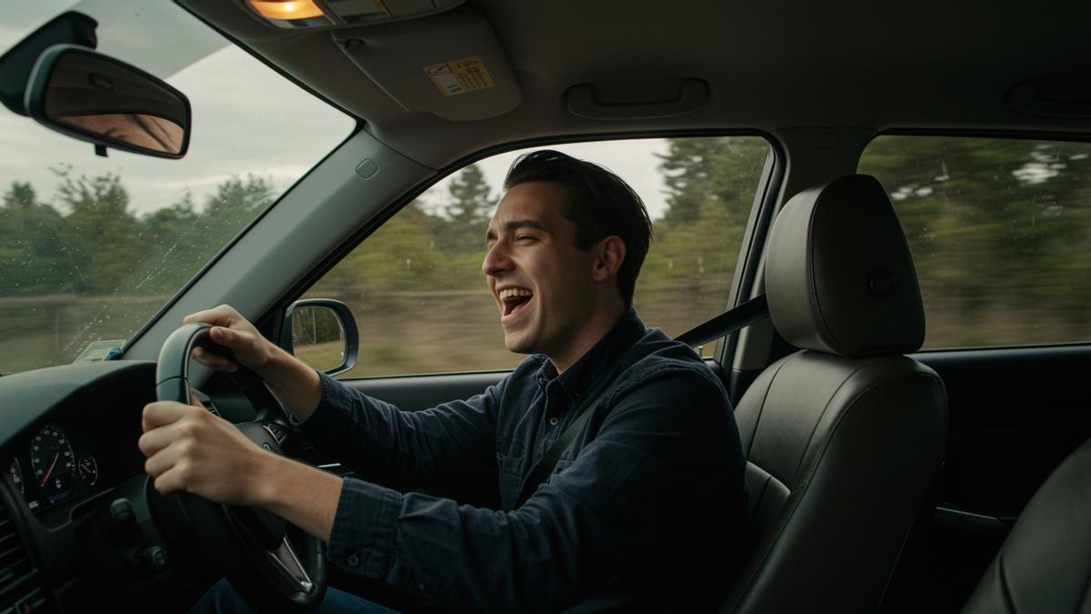Un hombre canta mientras conduce.